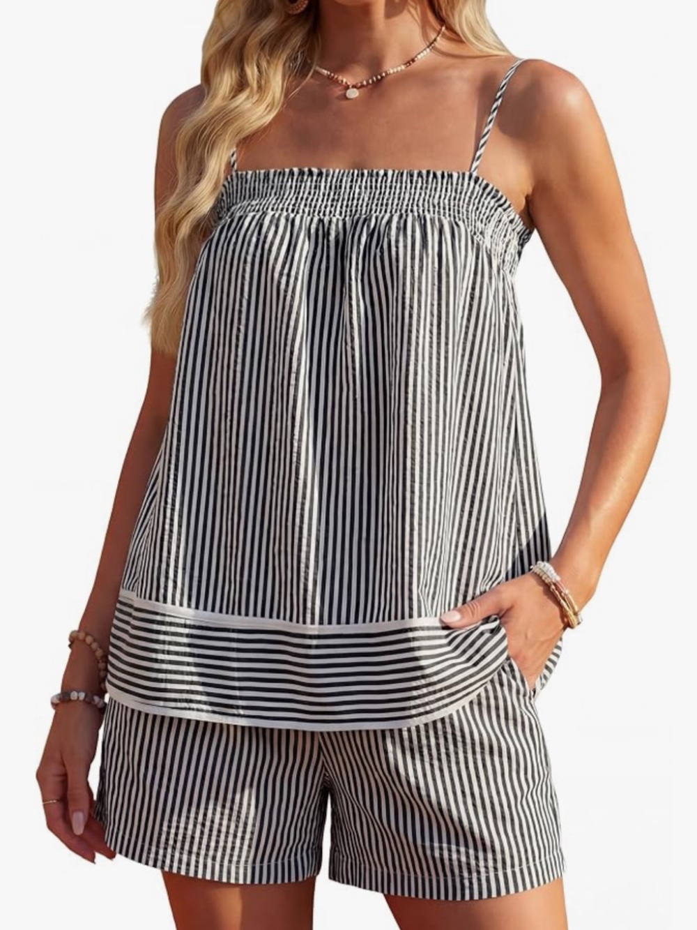 Striped Smocked Cami and Shorts Set - Black & White